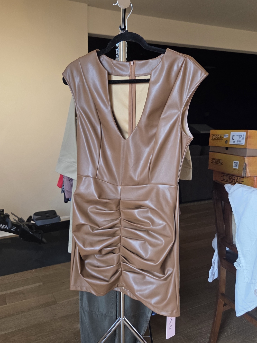 V-Neck Faux Leather Ruched Mini Dress in Brown